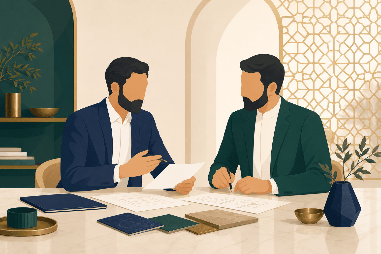 Faceless business partners reviewing an illustrative partnership scenario