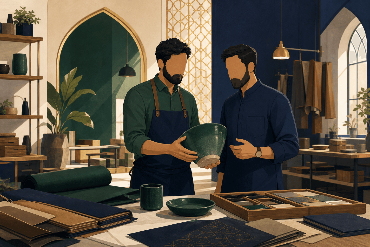 Faceless business owners assessing products in a commercial workshop
